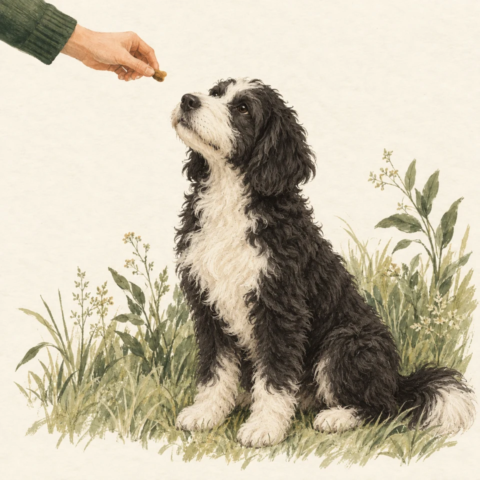 Illustration of a black-and-white mini Bernedoodle calmly looking toward a hand offering a treat